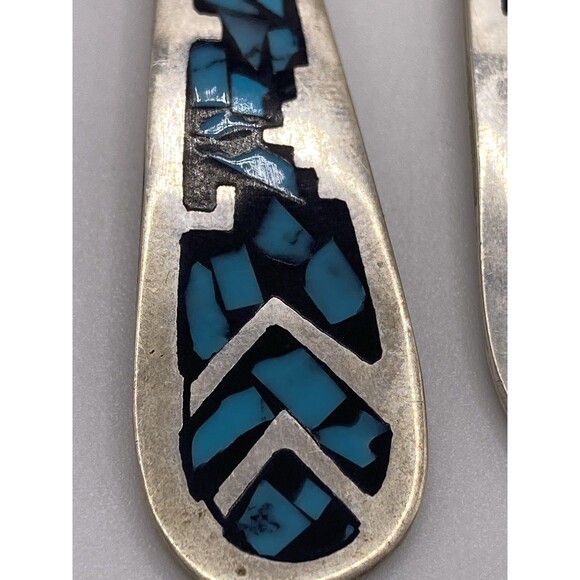 Vintage Mexico Sterling Silver Inlaid Turquoise Large Teardrop Dangle Earrings - Picture 2 of 10